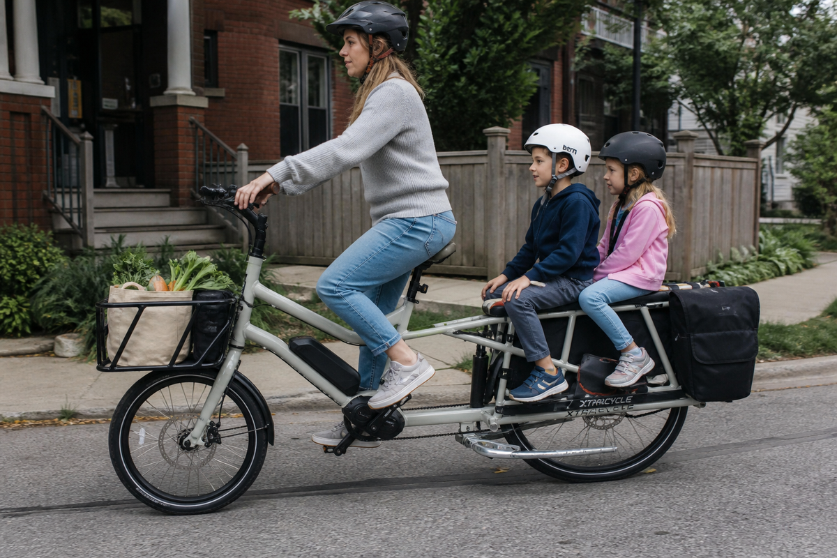 Parent riding a longtail cargo ebike with two children and grocery bags on a city street