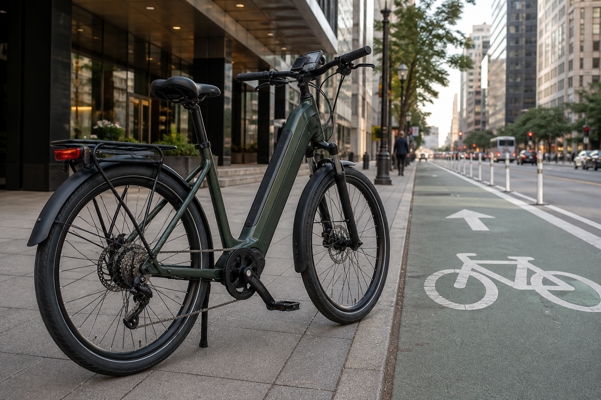 Electric commuter bike parked beside a city bike lane with rack, fenders, and integrated lights.