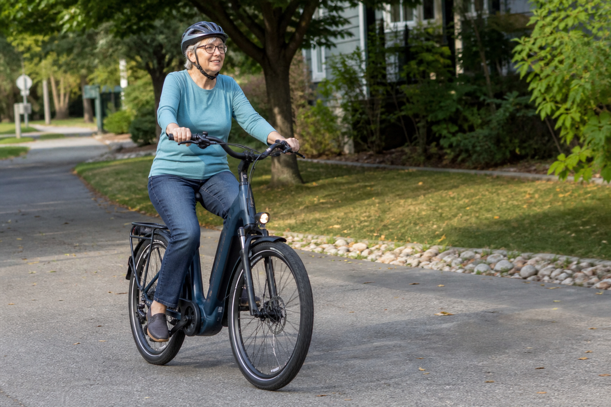 Older adult riding a step-through electric bike on a paved neighborhood path