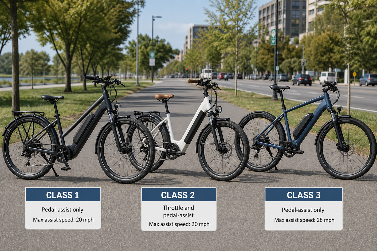 Three electric bicycles side by side labeled Class 1, Class 2, and Class 3 on a paved path.