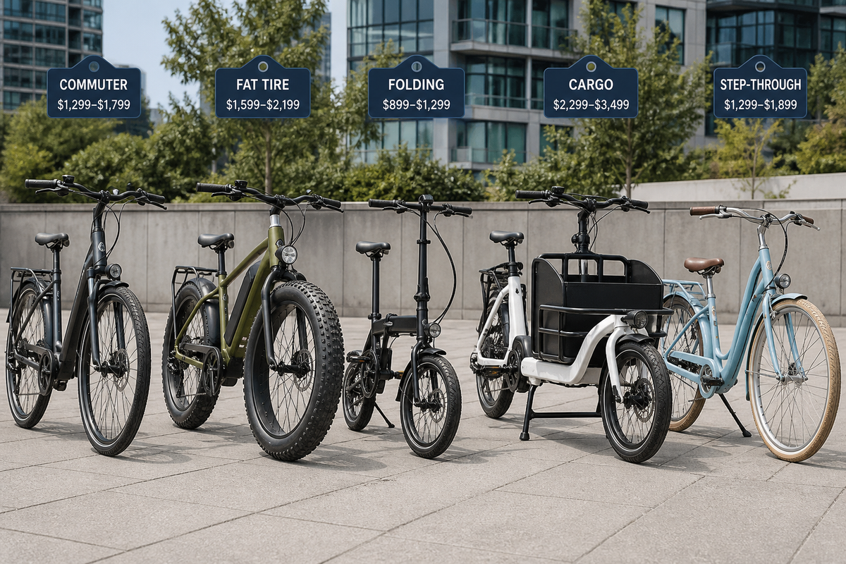 Several types of electric bikes lined up side by side with price markers above them.