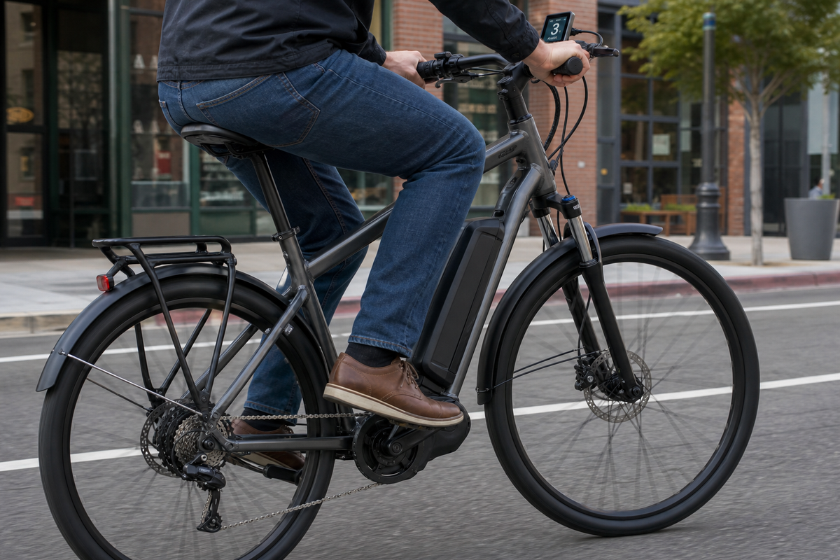 Rider pedaling an electric bike on a city street with battery, motor, and handlebar display visible.